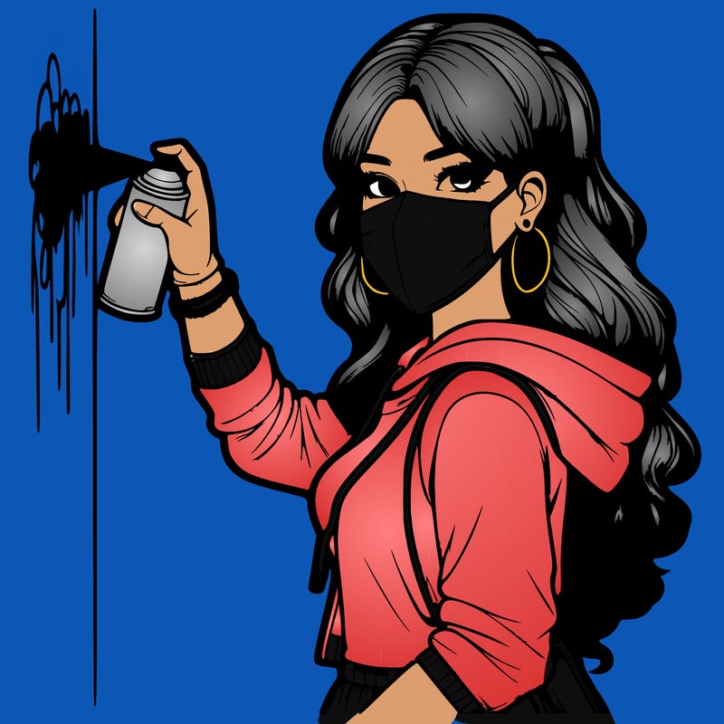 realistic girl with mask spray painting a wall