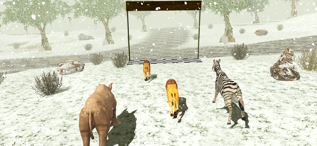 Ultimate Wild Lion Simulator - Leones corriendo contra una cebra y un rinoceronte en un entorno de bosque nevado hacia una línea de meta a cuadros.