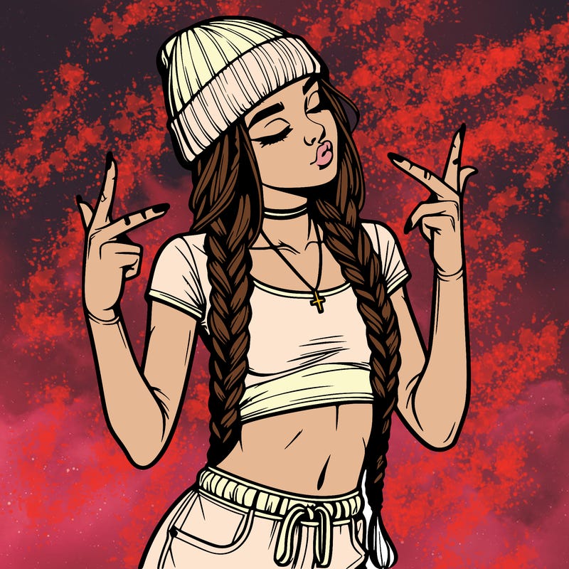 realistic teenage girl with braids and a beanie and crop top doing 🫶🏼