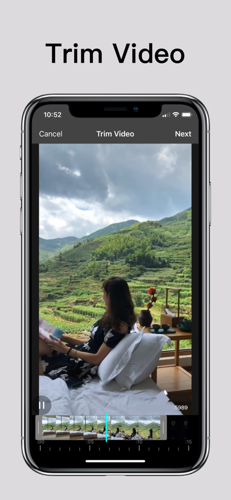 Trim video interface in Photo Retouch app showing a woman overlooking rice terraces