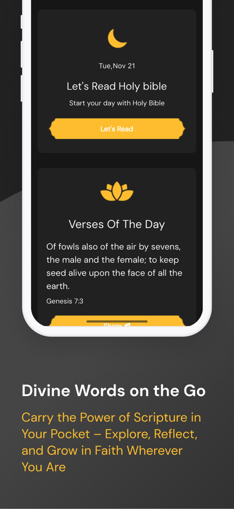 KJV Bible - King James Bible - Smartphone screen displaying daily verses and reading options from the King James Bible app