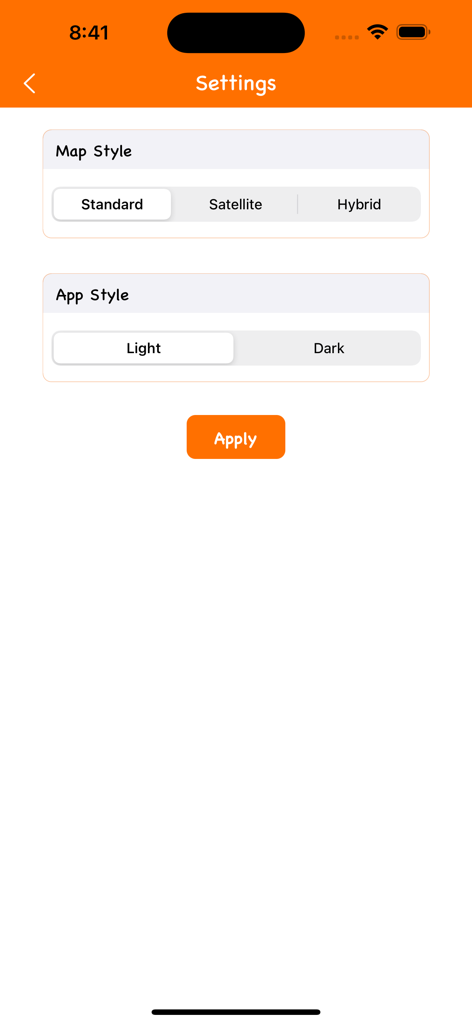 Temperature at Location - Settings screen for selecting map styles and app appearance in the Temperature at Location weather app