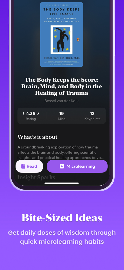 MindUp: Master a book everyday - MindUp app screen showing a summary of The Body Keeps the Score with microlearning and read options