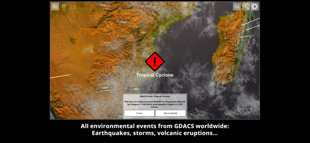 GlobeViewer PRO - 熱帯低気圧警報とGDACS環境イベントの詳細を示す3D地形図ビュー