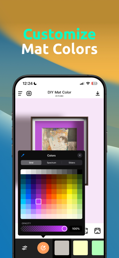 Mobile app interface of FrameX showing a color picker grid to customize the mat color for a framed artwork