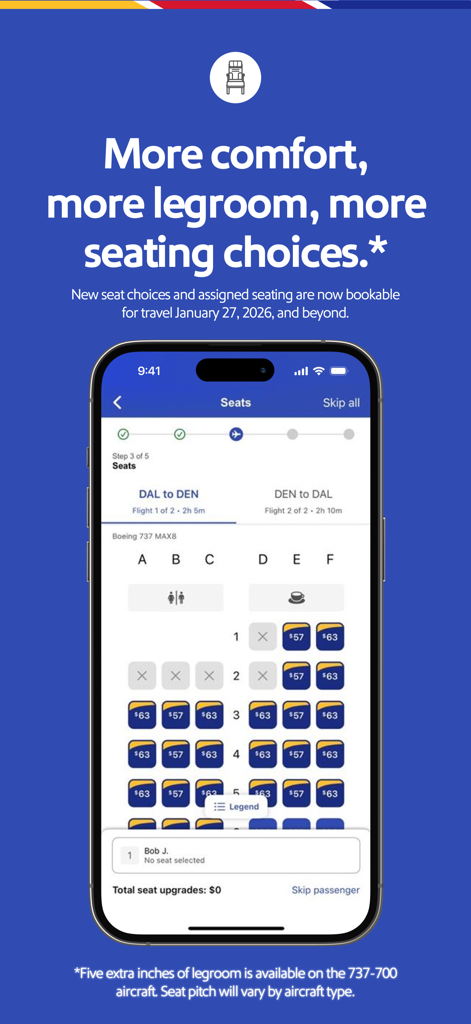 Southwest Airlinesのモバイルアプリインターフェイスに、座席価格と足元のオプションが表示されたボーイング737便の座席選択マップが表示されています。