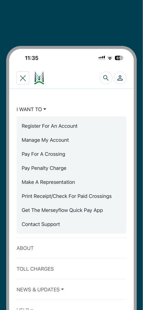 Merseyflow Quick Pay app navigation menu showing payment and account management options