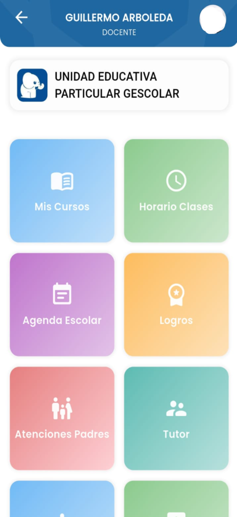 Gescolar - Gescolar app dashboard for teachers featuring course management and class schedules