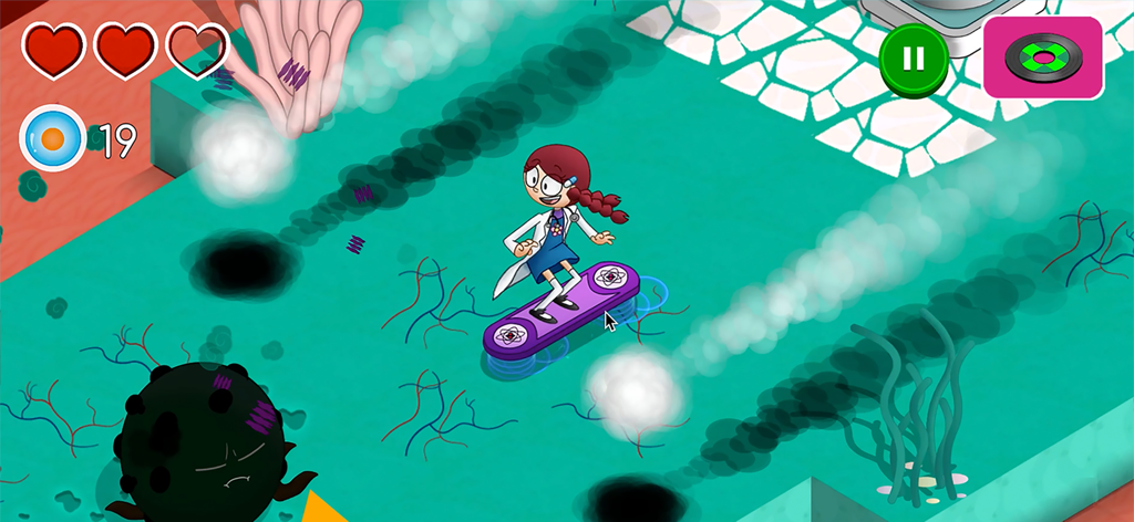Human Body: STEM Science Games - Lia on a purple nanoskate navigating through the human body avoiding viruses