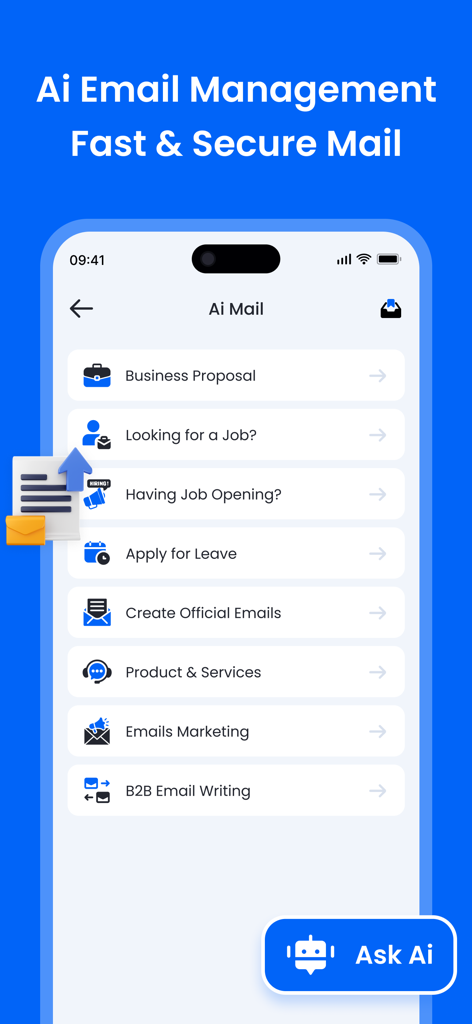 AI Writer - AI Email Assistant - Pantalla de smartphone que muestra plantillas de redacción de correos electrónicos de IA para propuestas de negocios y marketing.