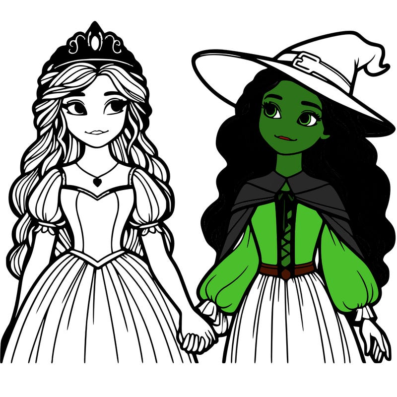 a princess and a witch holding hands realistic