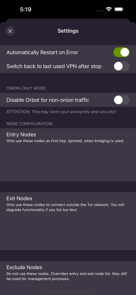 Orbot app settings page showing node configuration and onion-only mode options