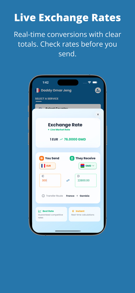 APS Money Transfer mobile app showing live exchange rates for sending money from Europe to Gambia