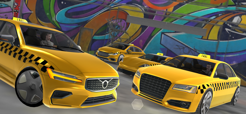 Taxi Driving Simulator 2022 - A fleet of yellow taxi cabs in a city driving simulator game