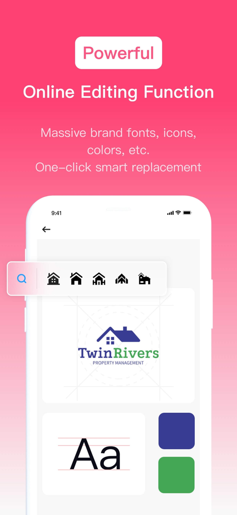 LogoAI Maker - Interface of LogoAI Maker app showing online editing tools for a property management logo with font selection and color palettes