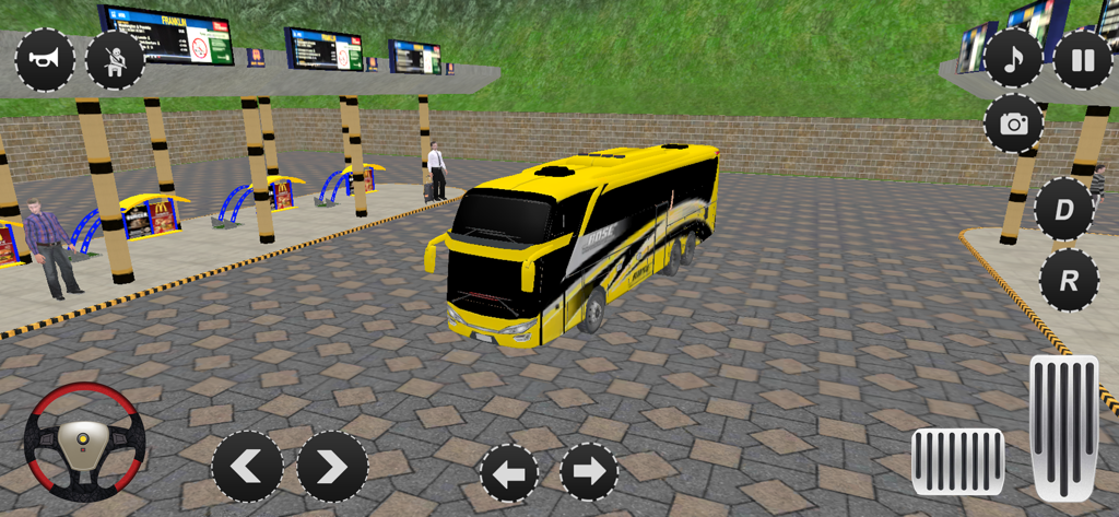 US Bus Public Transport Games - A yellow coach bus at a bus station terminal in a driving simulator game