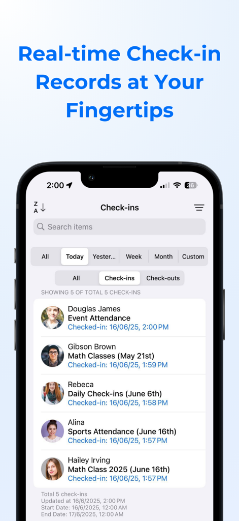 Mobile app interface of OneTap Check-In displaying a real-time list of attendees and their check-in times