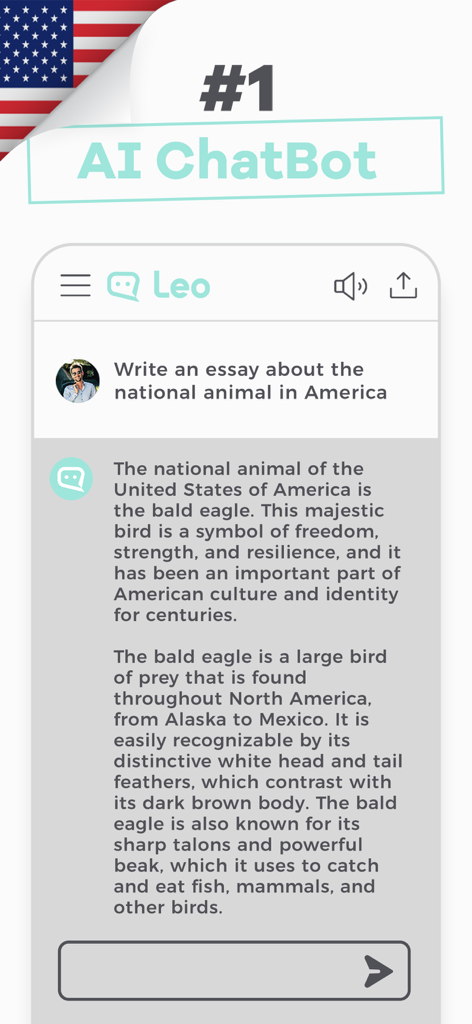 Uno screenshot dell'app Leo AI che mostra una conversazione tra chatbot che scrive un saggio sull'aquila calva americana.