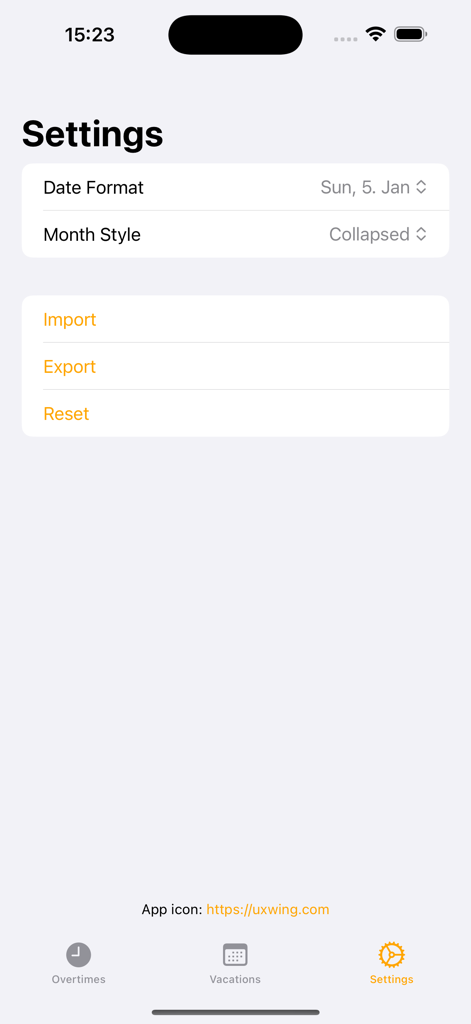 Settings interface of the Overtime Tracker app showing options for date format month style and data import export