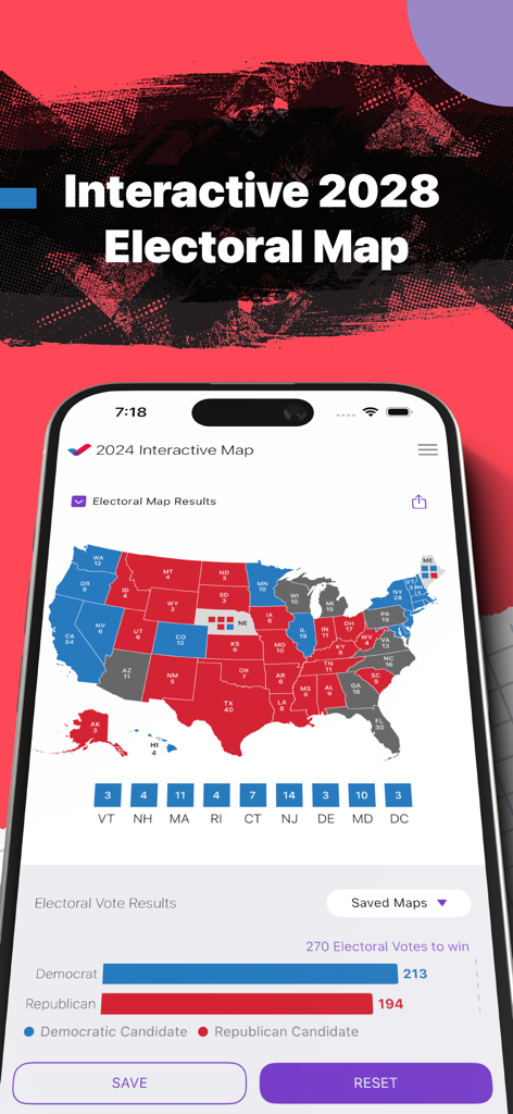 Screenshot of Ballotics app showing an interactive US electoral map with state-by-state data and election vote results