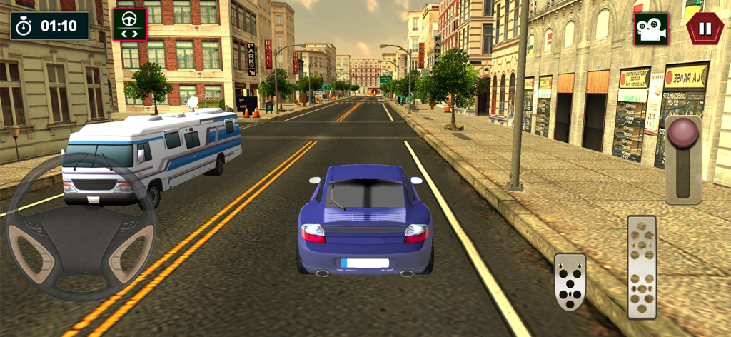 Offroad 4x4 Driving Car Games - Um carro esportivo roxo dirigindo por uma rua da cidade com controles de direção e pedal na tela.