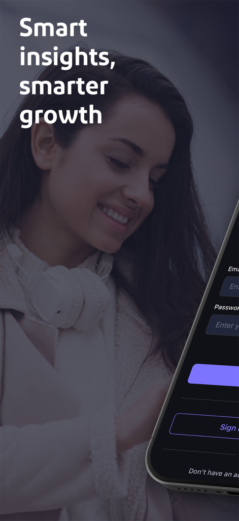 Profit Tracker - Made Simple - A woman using the Profit Tracker app login screen with the tagline Smart insights smarter growth.