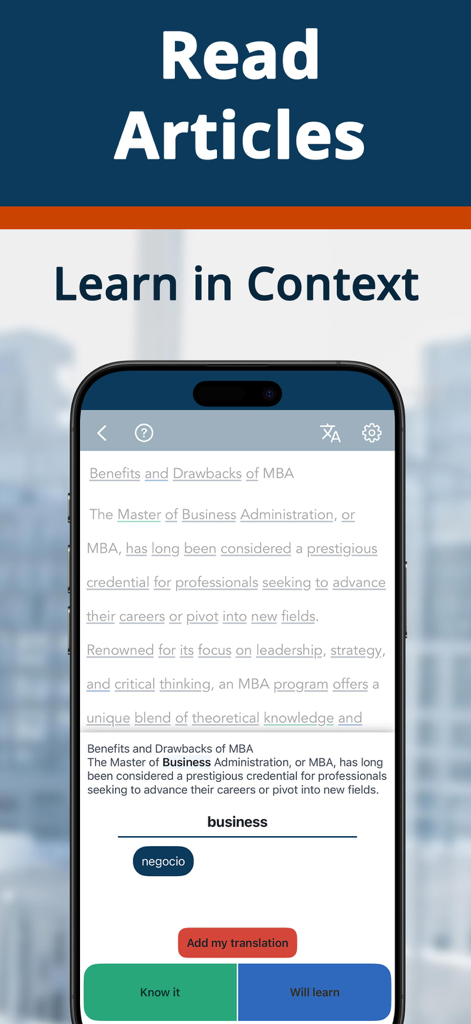 Business English app screenshot showing interactive reading mode with an article about MBA benefits and a word translation tool