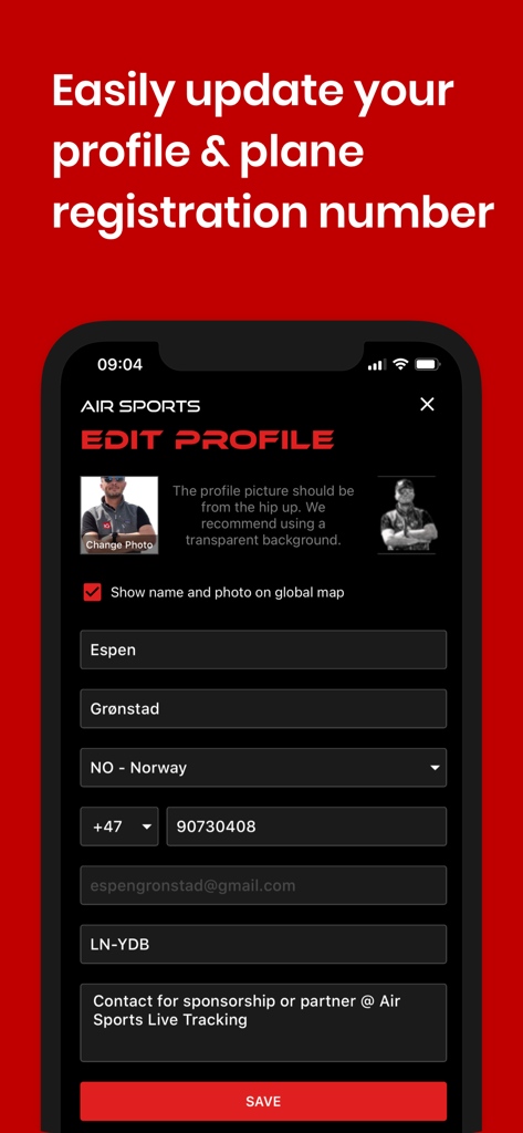 Air Sports Live Tracking - Pantalla de edición del perfil del piloto que muestra detalles personales y el número de registro del avión.