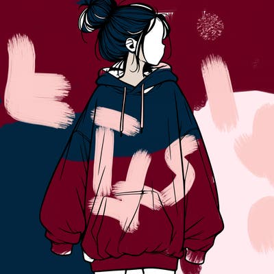 realistic girl with a oversized sweatshirt on and a bun