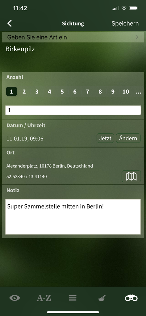 Interfaccia utente dell'app funghi che mostra un avvistamento salvato con nome specie, quantità, data, coordinate GPS e note personali