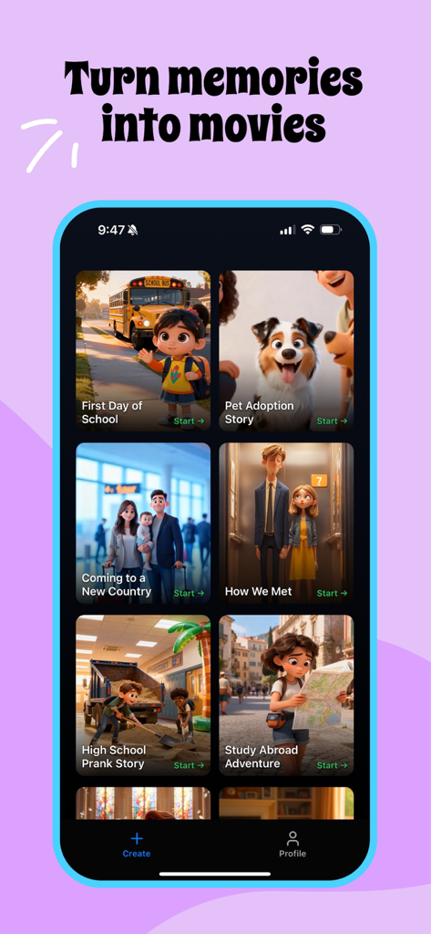 Taffy - animate your life - Interface do aplicativo Taffy mostrando modelos de filmes de IA para histórias pessoais como dias de escola e adoção de animais de estimação