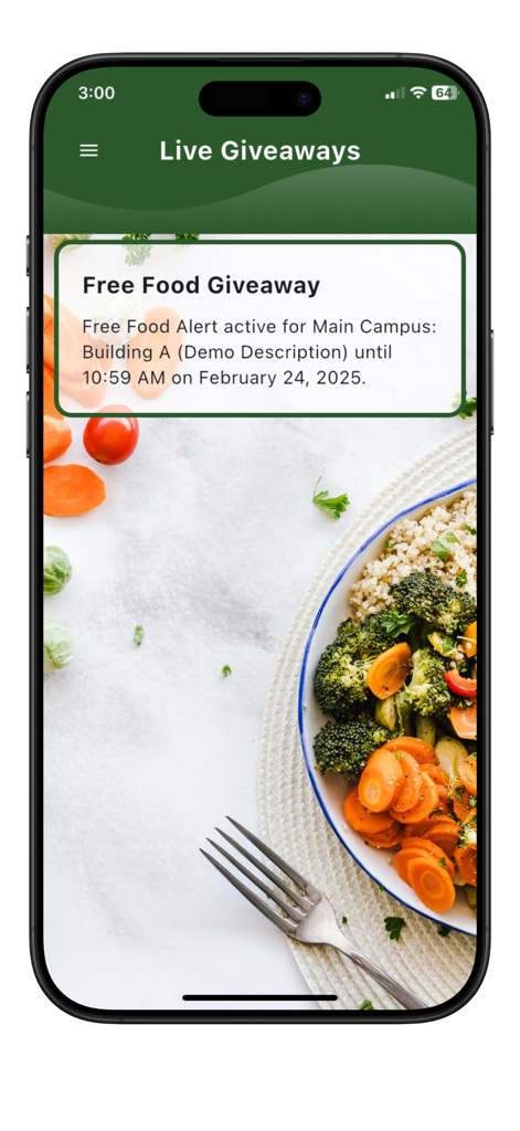 Food Alert On Campus - Food Alert On Campus app interface showing a live free food giveaway notification.