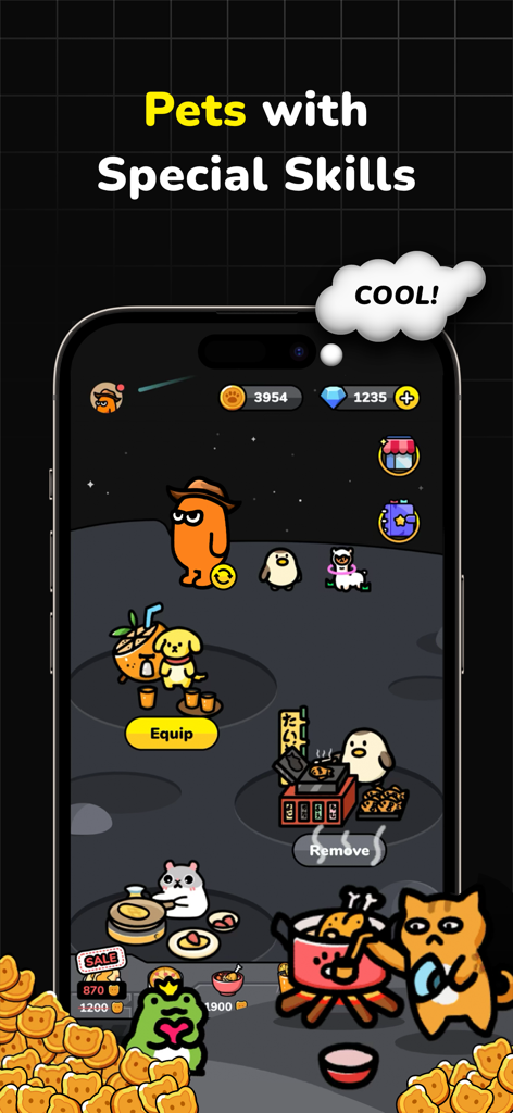 Interface of CastChat app showing cartoon AI pets with special skills in an idle game setting