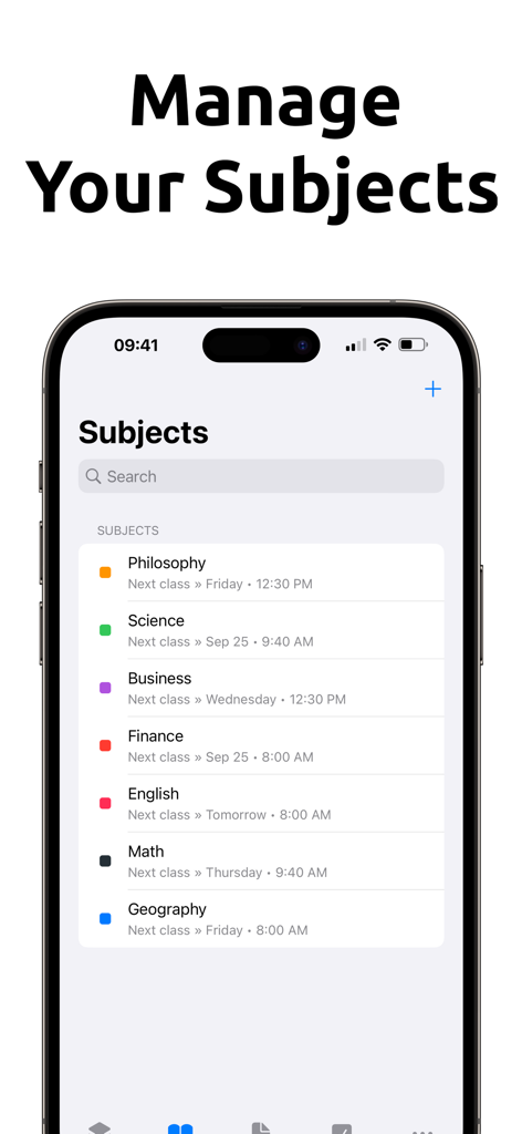 School Planner - Timetable - Mobile app interface showing a list of school subjects and their next scheduled class times