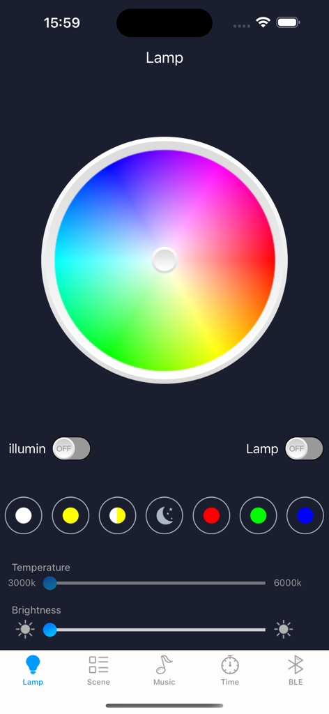 Interface do aplicativo Smart Lamp Pro para controle de cor e brilho