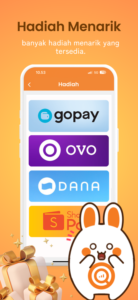 Nusaresearch - Nusaresearch app interface showing e-wallet reward redemption options like GoPay and OVO.