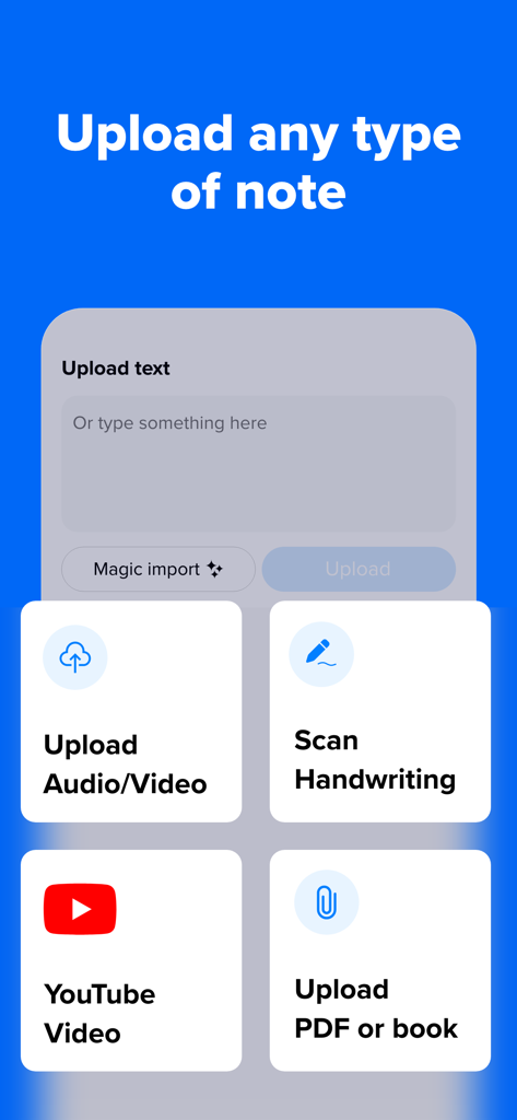 Interfaccia dell'app Nerdmask che mostra vari modi per caricare materiali di studio tra cui testo, audio, video, scansioni scritte a mano e PDF.