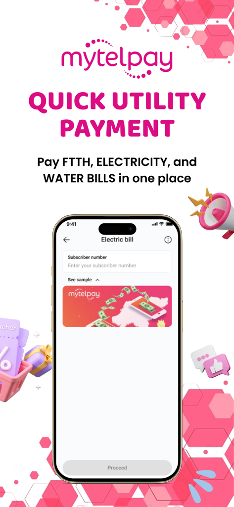 MytelPay V2 mobile app screen for quick utility bill payments including electricity water and internet
