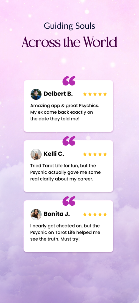 User testimonials for the Tarot Life app featuring positive reviews about psychic readings for relationships and career clarity.
