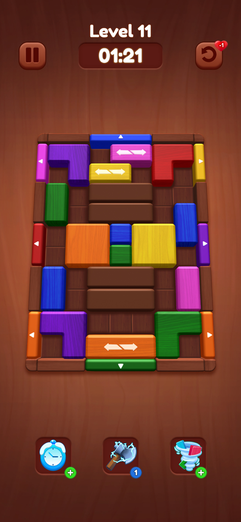 Un puzle de bloques deslizantes de colores en un tablero de madera en el nivel once.