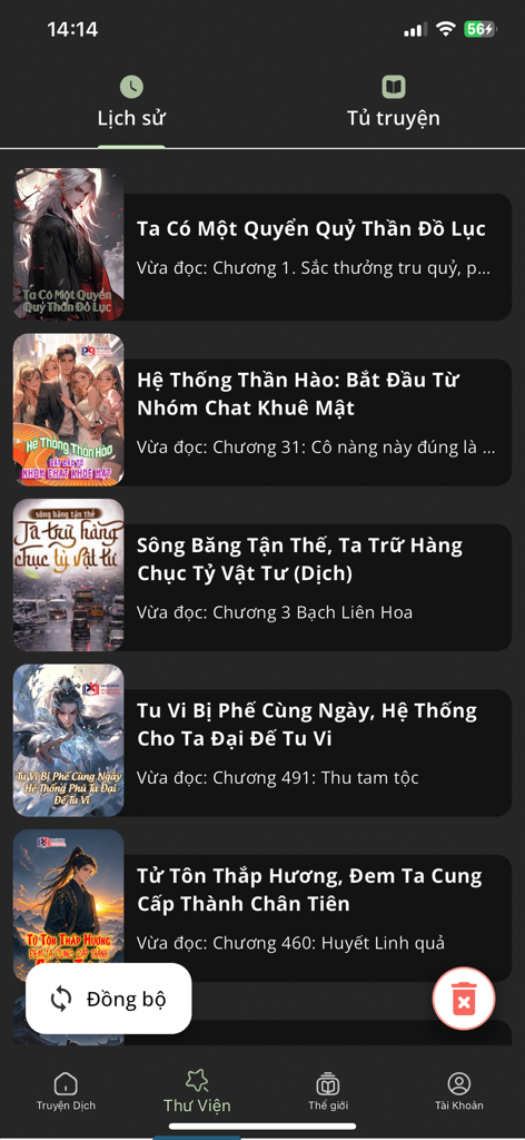 Xa Lộ Sách - Interface of the Xa Lo Sach app showing a history list of Vietnamese web novels with cover art and titles