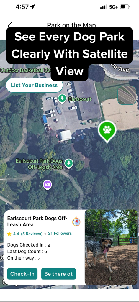 DogPack: Dog Friendly Spots - Interfaz de la aplicación DogPack que muestra una vista de mapa satelital de un parque para perros con recuentos de perros en tiempo real y reseñas.