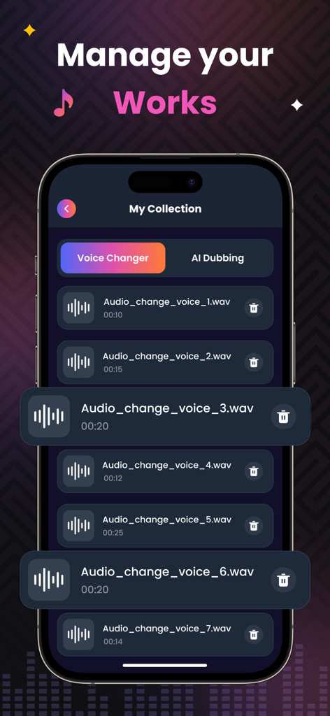 AI Magic Voice Changer - Interface of the AI Magic Voice Changer app showing a list of saved audio files in the My Collection screen