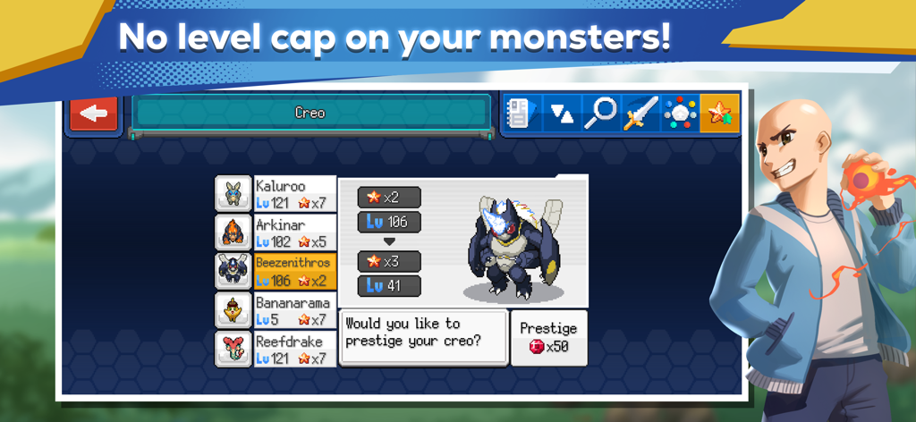 EvoCreo2: Monster Trainer RPG - Menú del juego EvoCreo 2 mostrando monstruos y el sistema de prestigio sin límite de nivel