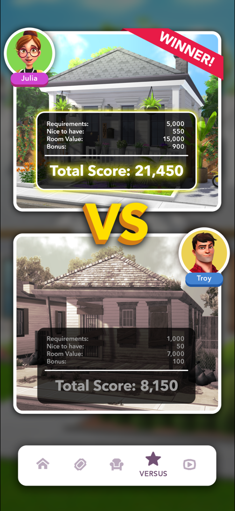 Home Design Makeover - Versus mode screen in Home Design Makeover comparing a renovated house and a fixer upper with scores
