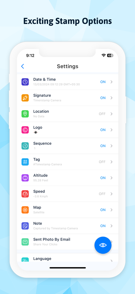 Schermata delle impostazioni dell'app Timestamp Camera che mostra varie opzioni di timbro personalizzabili come data, ora, firma e logo