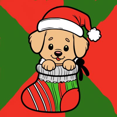 cute puppy wearing santa hat in socking