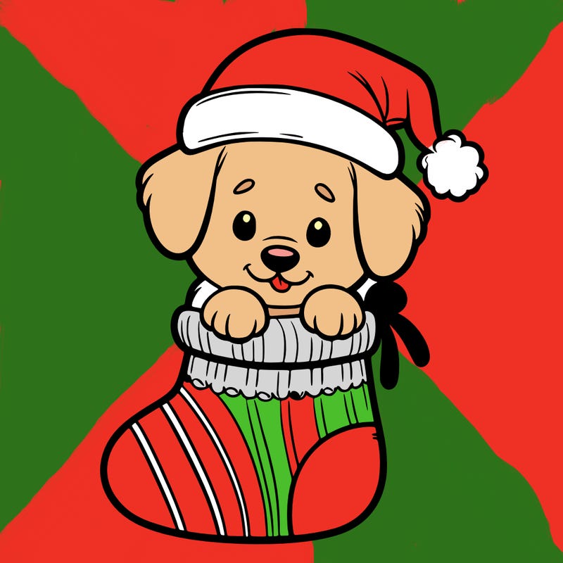 cute puppy wearing santa hat in socking