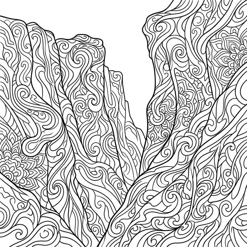 Unleash your creativity on a mesmerizing landscape of psychedelic cliffs. This intricate design features swirling rock formations and organic patterns, offering a unique coloring challenge.