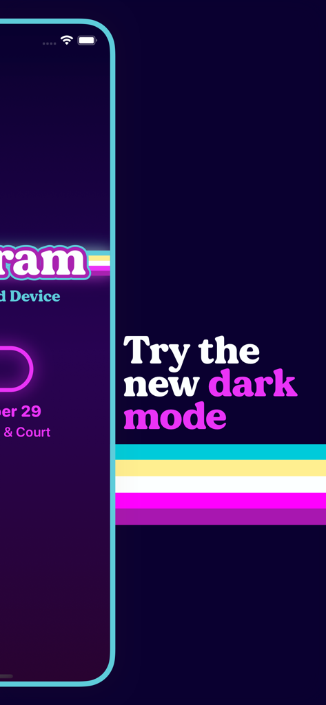 Retrogram - Retrogram word puzzle app interface showcasing the new dark mode with 1970s retro design and colorful stripes.